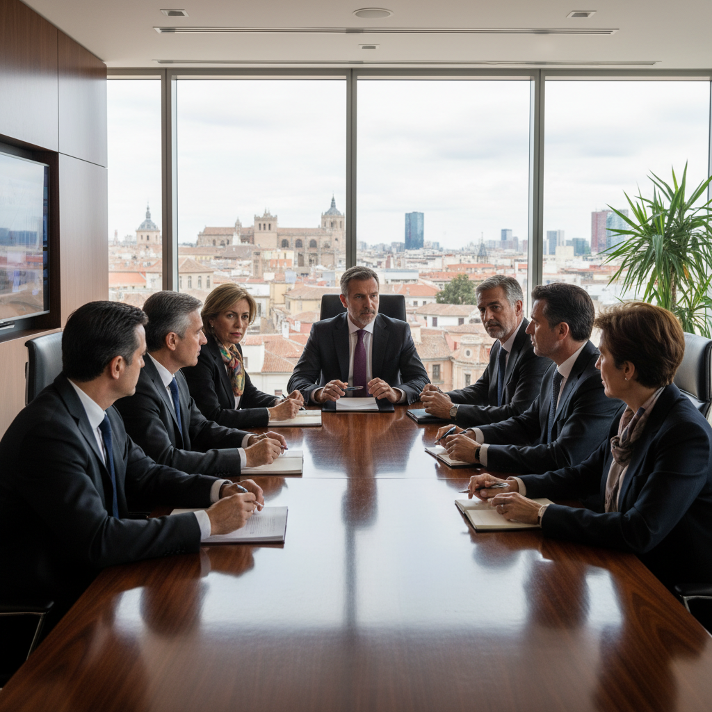 A photorealistic image of a professional business meeting in a modern Spanish corporate office, showing diverse adult executives around a conference table discussing corporate governance matters, with Spanish flags or subtle Iberian architecture elements in the background, conveying trust, agreement, and legal formality without any documents visible.
