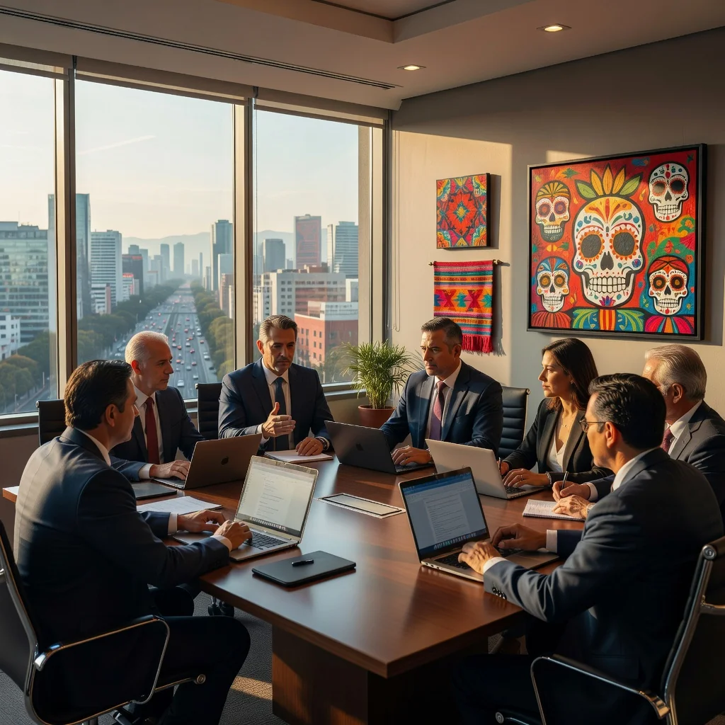 A photorealistic image of a professional business meeting in a modern Mexican conference room, featuring a diverse group of adult executives in formal attire discussing around a wooden table with laptops and notebooks, symbolizing corporate governance and board decisions, no children present.