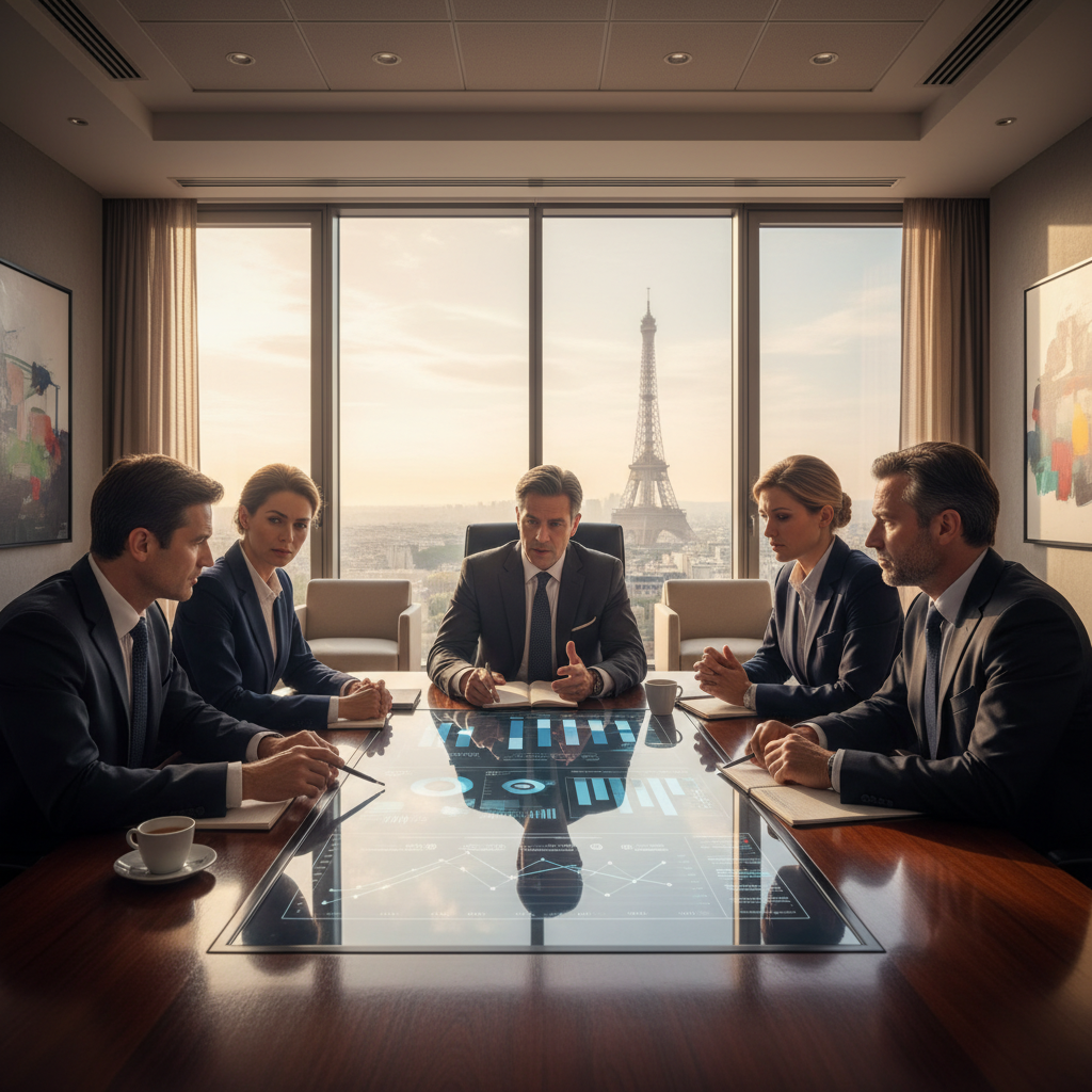 A photorealistic image of a professional boardroom meeting in a modern French corporate office, with diverse adult business executives in suits discussing around a conference table, overlooking the Eiffel Tower through large windows, symbolizing strategic decision-making in a French business context.