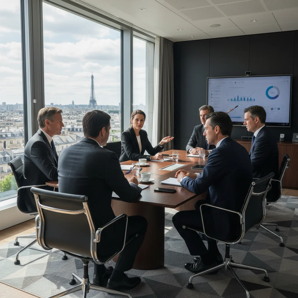 A photorealistic image of a professional boardroom meeting in a modern French corporate office, with diverse adult executives in business attire discussing around a conference table, symbolizing board resolutions and corporate decision-making, no legal documents visible, no children present.