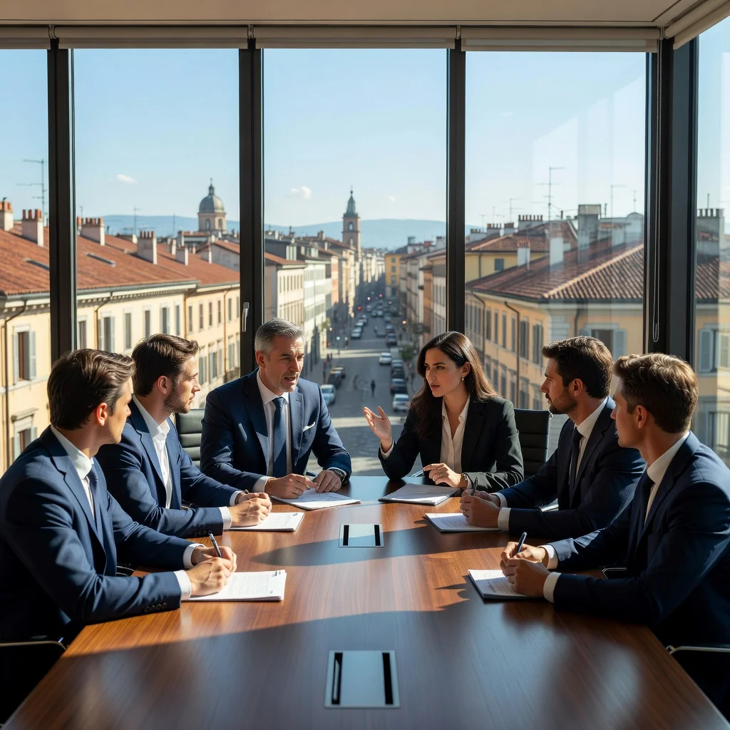 A professional boardroom scene in an Italian corporate setting, featuring a diverse group of adult business executives engaged in a serious discussion around a conference table, symbolizing corporate decision-making and governance, with subtle Italian elements like a flag or architecture in the background, no documents visible.