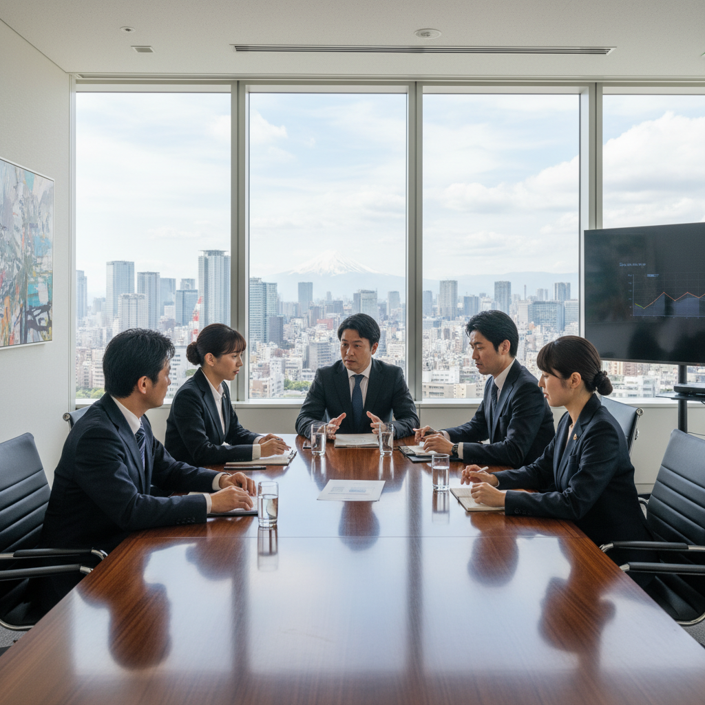 A photorealistic image of a professional boardroom meeting in a modern Japanese corporate office, with diverse adult Japanese business executives seated around a conference table, engaged in serious discussion, symbolizing corporate decision-making and board resolutions, no legal documents visible, no children present.