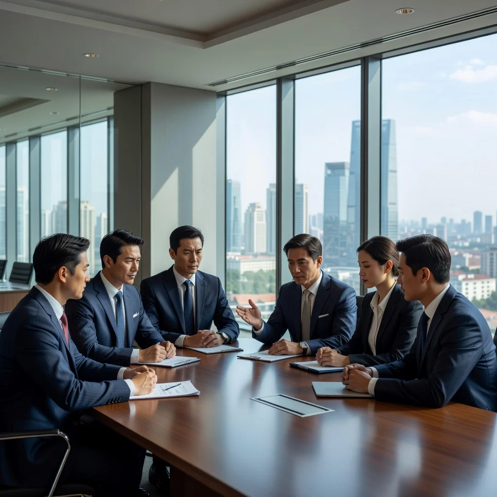 A photorealistic image of a diverse group of professional business executives in a modern Chinese conference room, engaged in a serious discussion around a large wooden table, symbolizing corporate decision-making through board resolutions, with subtle Chinese cultural elements like traditional decor in the background, no children present.