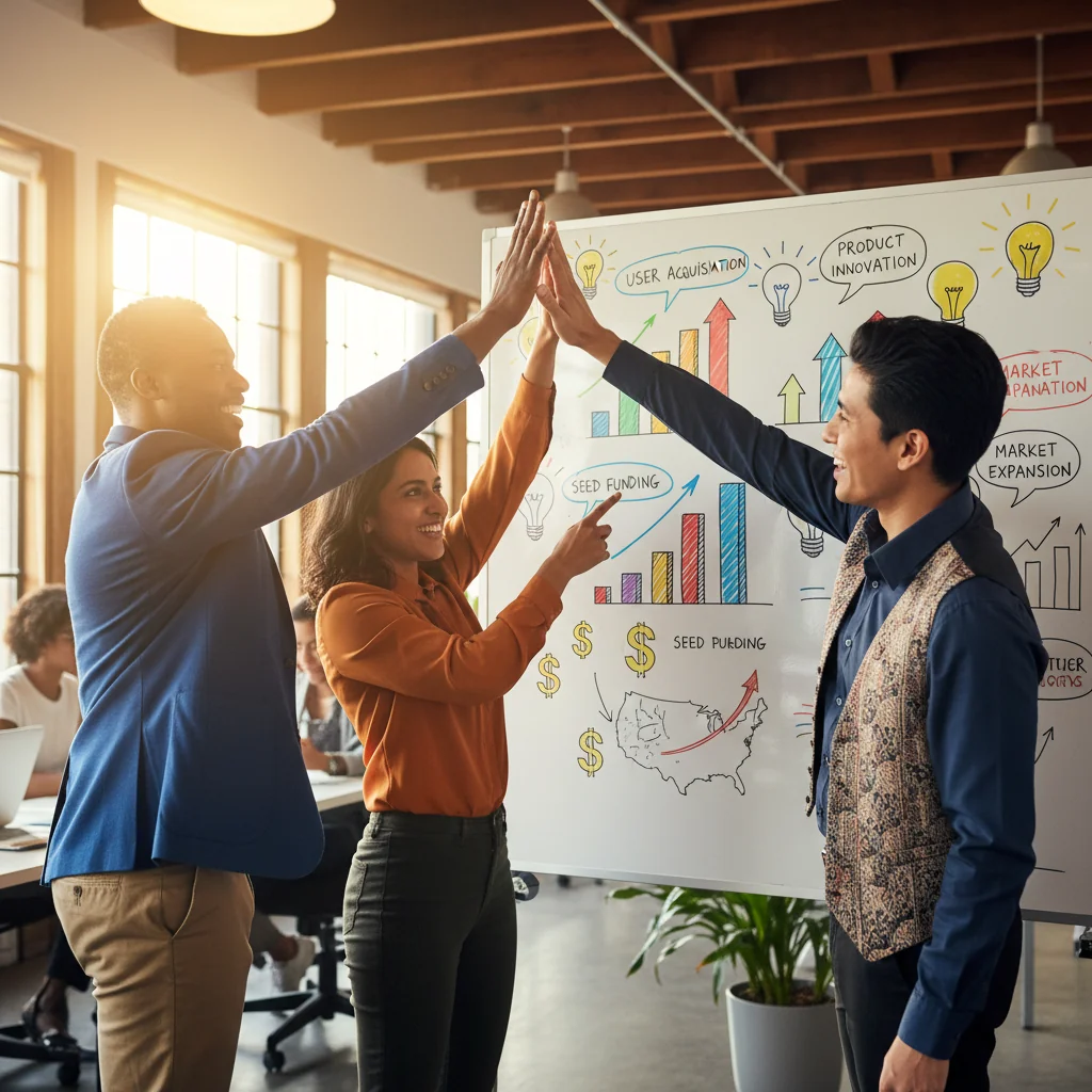A diverse group of startup founders collaborating in a modern office, shaking hands over a shared vision board with business icons, symbolizing partnership and agreement without focusing on legal documents.
