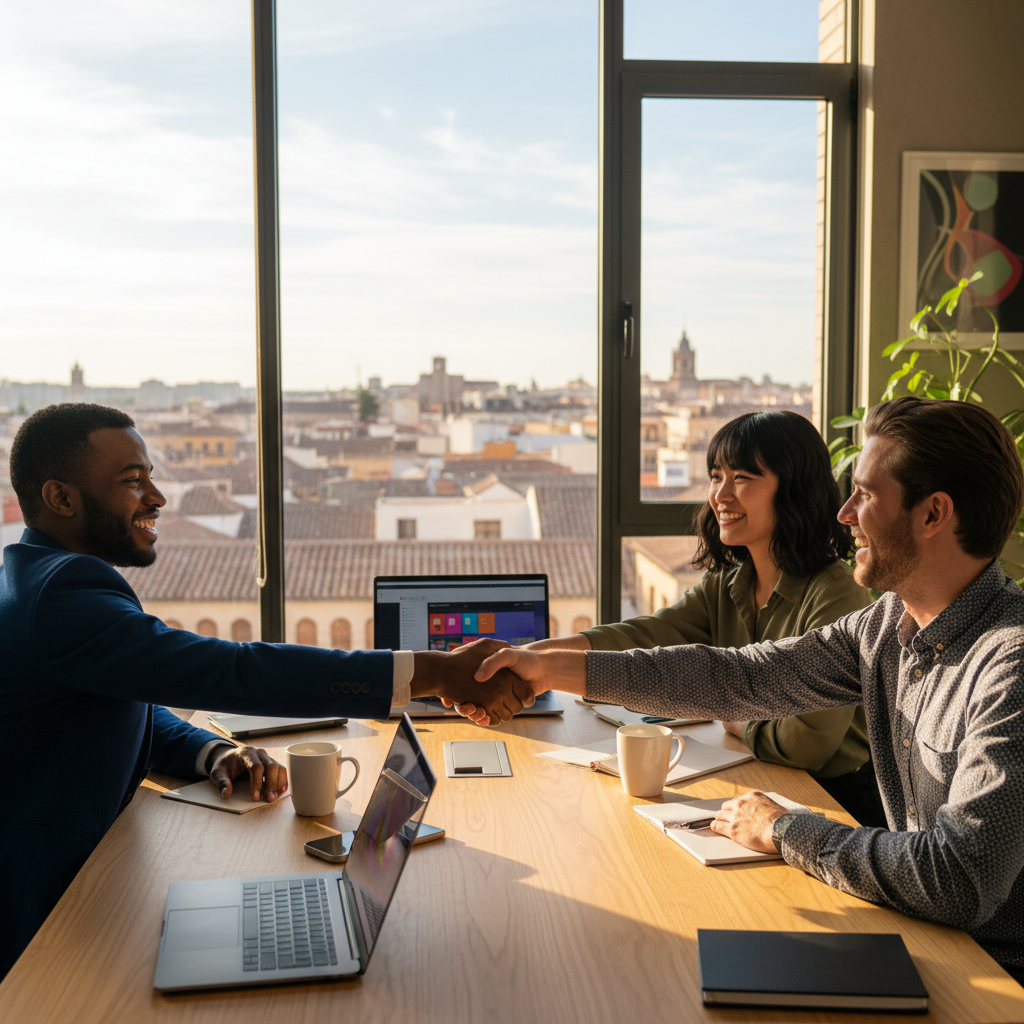 A photorealistic image of a diverse group of young adult entrepreneurs in a modern Spanish startup office, shaking hands over a conference table to symbolize partnership and agreement, with subtle Spanish elements like a flag or architecture in the background, conveying trust, collaboration, and business growth.