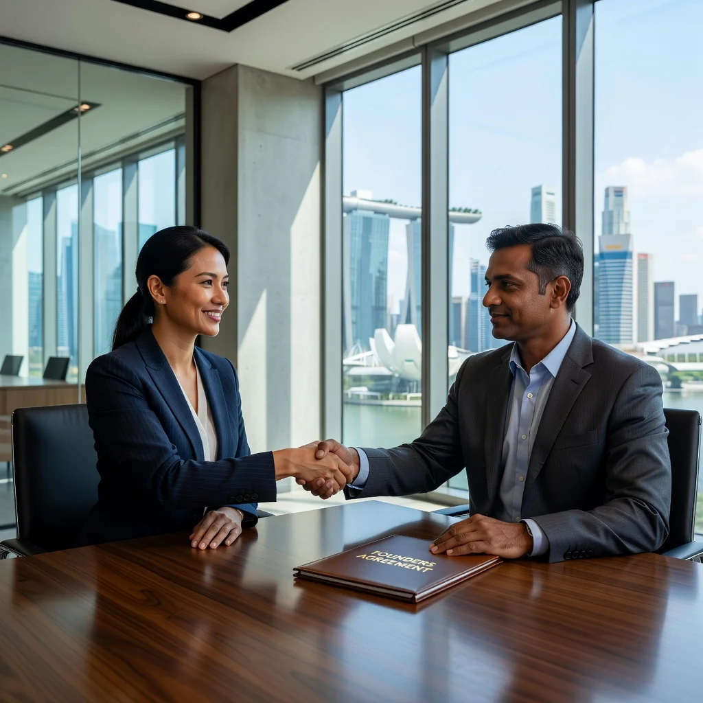 A photorealistic image of two professional adults in a modern Singapore office, shaking hands firmly across a conference table, symbolizing partnership and agreement in a business founding context, with subtle Singapore skyline visible through the window in the background, conveying trust and collaboration without focusing on legal documents.