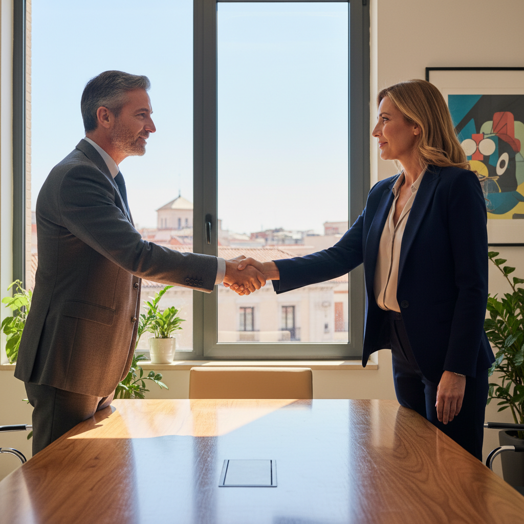 A photorealistic image of two professional adults in a modern Spanish office setting, shaking hands over a conference table to symbolize a business partnership agreement, with subtle Spanish elements like a flag or architecture in the background, conveying trust and collaboration without showing any documents.