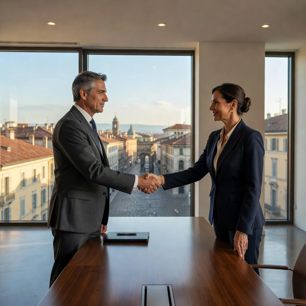 A photorealistic image of two Italian business professionals in a modern office in Italy, shaking hands firmly across a conference table to symbolize a mutual agreement or pact, with subtle Italian elements like a flag or map in the background, conveying trust and partnership in a corporate context. No children present.