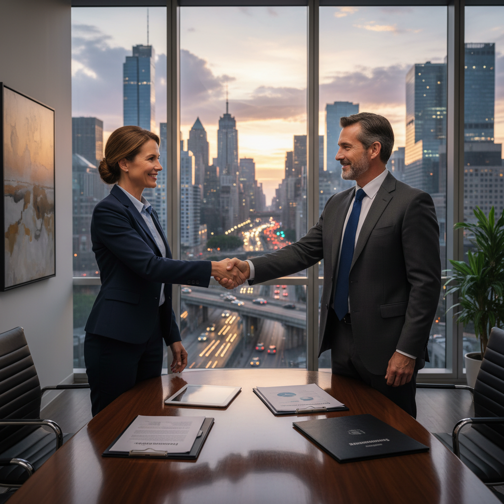 A photorealistic image depicting two professional business partners shaking hands in a modern conference room, symbolizing partnership and agreement in a shareholder contract, with a city skyline visible through the window, conveying trust and collaboration without showing any legal documents or children.