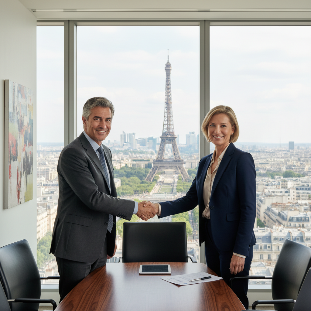 A photorealistic image of two professional adults, a man and a woman in business attire, shaking hands across a modern conference table in a bright office setting, symbolizing partnership and agreement in a French business context, with subtle French elements like a flag or Eiffel Tower view in the background. No children or legal documents visible.