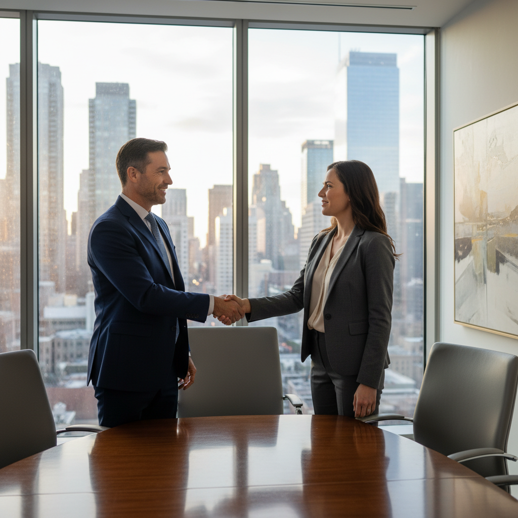A photorealistic image of two professional business partners shaking hands in a modern office setting, symbolizing partnership and agreement in a business venture, with no legal documents visible.