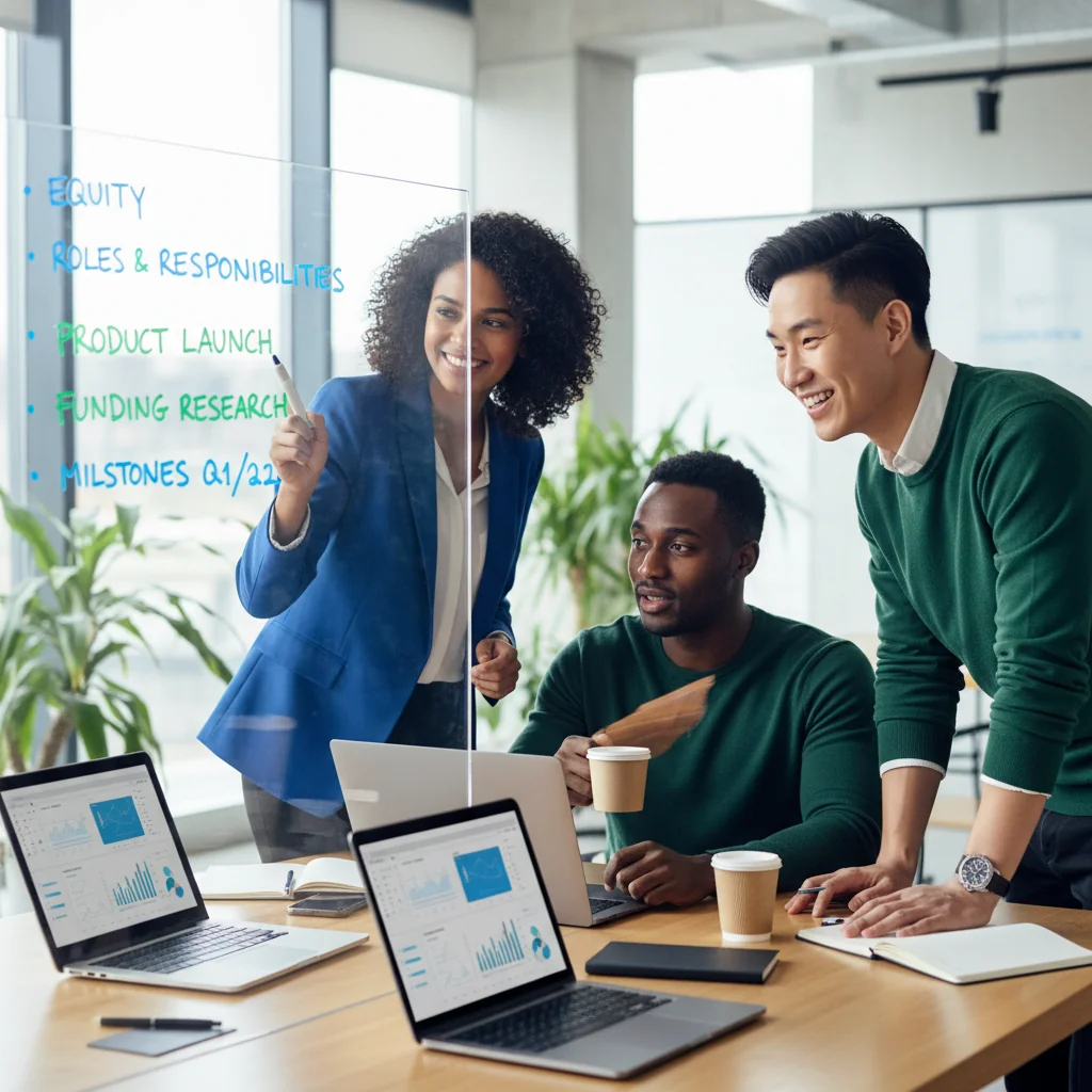 A dynamic illustration of diverse startup founders collaborating in a modern office, shaking hands over a shared vision board with growth charts and innovation icons, symbolizing partnership and agreement in building a US business.