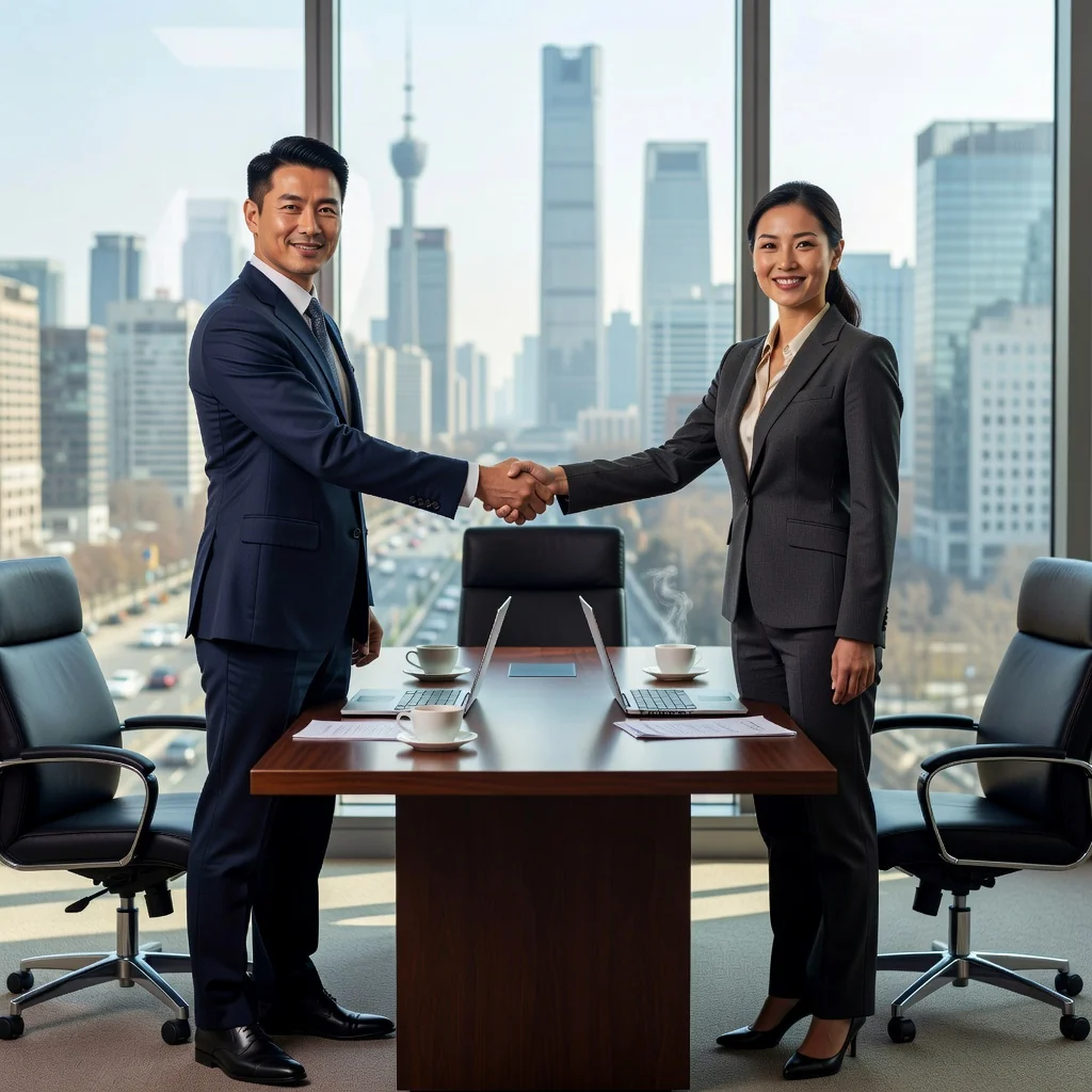 A photorealistic image of two adult Chinese business professionals, a man and a woman in their 30s, shaking hands across a modern conference table in a sleek Beijing office, symbolizing the formation of a startup partnership and agreement, with city skyline visible through large windows, conveying trust and collaboration in founding a company.
