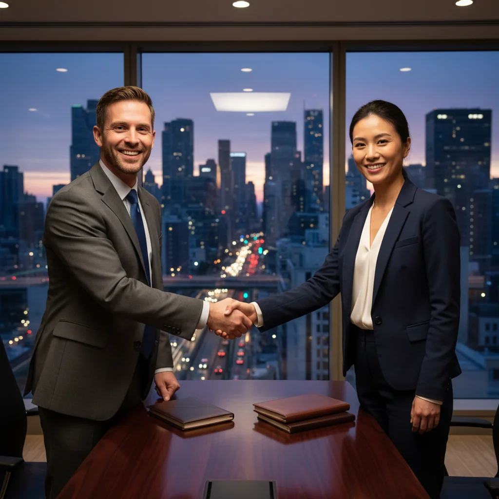 A photorealistic image of two professional business partners shaking hands in a modern office setting, symbolizing partnership and agreement in a company, with a city skyline visible through the window in the background. The image conveys trust, collaboration, and business relations without showing any legal documents.