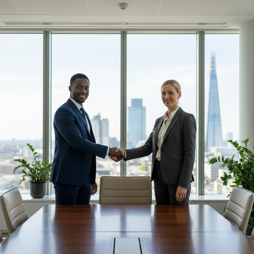 A photorealistic image of two professional adults in a modern UK office setting, shaking hands over a conference table, symbolizing a successful business partnership and the importance of a solid founders' agreement, with no legal documents visible, diverse adults only, no children present.