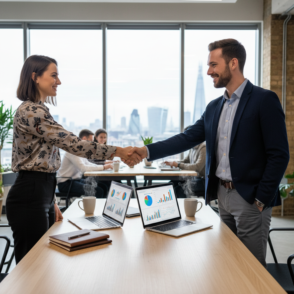 A photorealistic image of two young adult entrepreneurs in a modern UK startup office, shaking hands over a conference table with laptops and coffee cups, symbolizing partnership and agreement in launching a business. The scene conveys excitement and collaboration, with city skyline visible through windows.