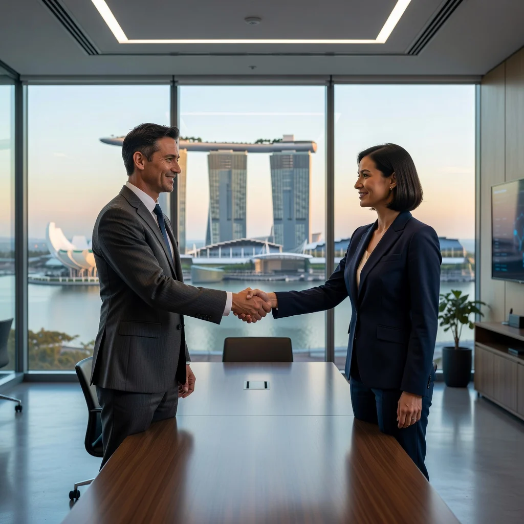 A photorealistic image of two professional adult founders in a modern Singapore office, shaking hands over a table with city skyline view, symbolizing partnership and startup agreement, no children present.