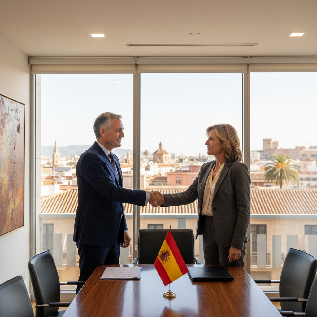 A photorealistic image of two professional adults shaking hands in a modern Spanish office setting, symbolizing partnership and agreement, with subtle Spanish elements like a flag or architecture in the background, conveying trust and collaboration without showing any legal documents.
