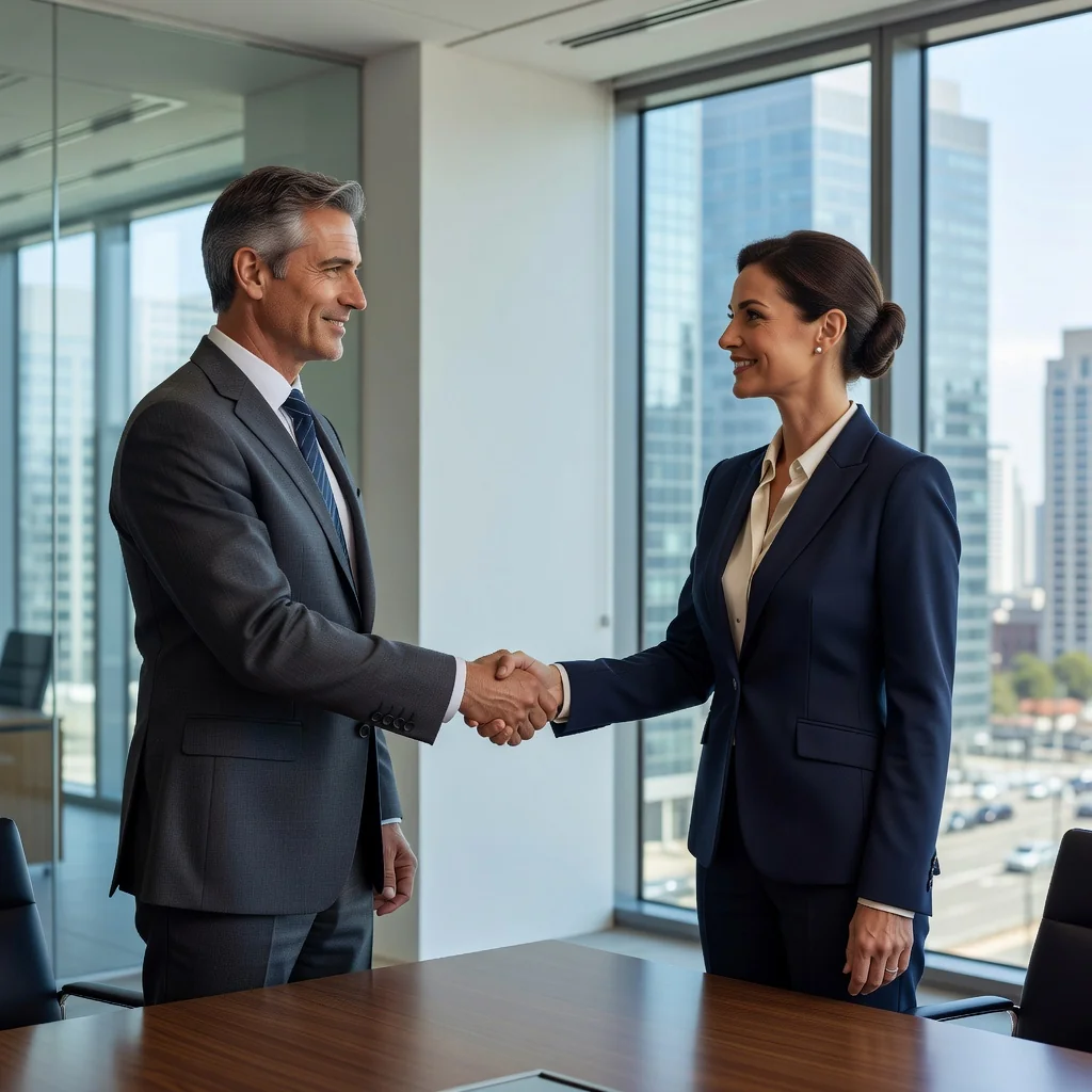 A photorealistic image of two adult business professionals shaking hands in a modern office setting, symbolizing agreement and partnership in a parasocial contract, conveying trust and collaboration without showing any legal documents.