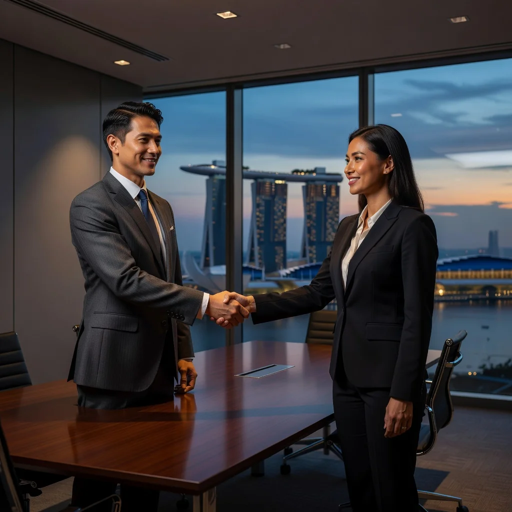 A photorealistic image of two professional adults, a man and a woman in business attire, shaking hands across a modern conference table in a sleek Singapore office with city skyline view through large windows, symbolizing partnership and agreement in a startup founding, no legal documents visible, no children present.
