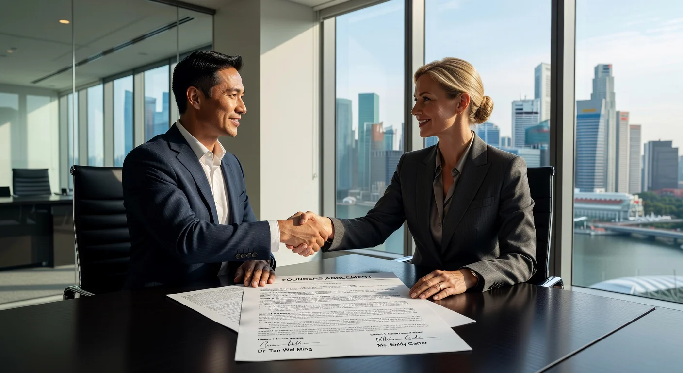 Two professionals shaking hands over contract