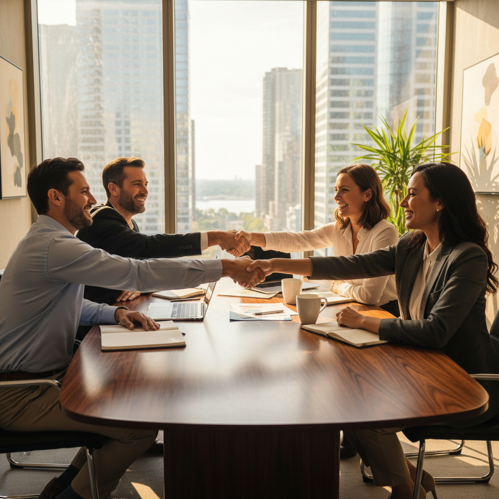 A photorealistic image of a diverse group of professional adults in a modern office setting, engaged in a collaborative business meeting, shaking hands to symbolize partnership and agreement, with elements like a conference table, laptops, and city skyline view in the background, conveying trust, teamwork, and effective business association without any legal documents visible.