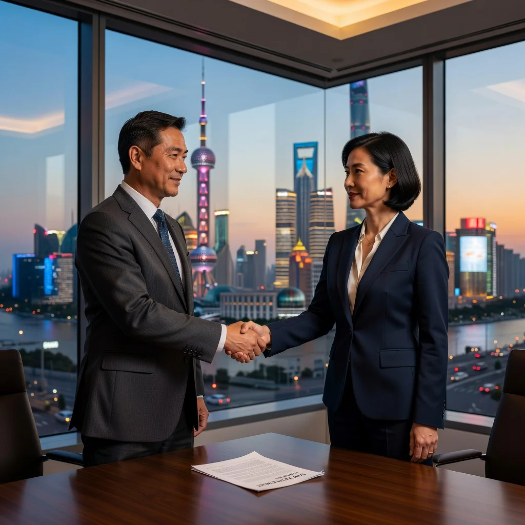 A photorealistic image symbolizing the foundational agreement among Chinese entrepreneurs, featuring two professional adults in a modern office shaking hands over a business deal, representing partnership and startup collaboration, with subtle Chinese cultural elements like a city skyline in the background.