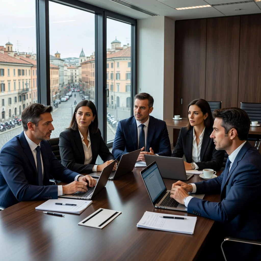 A photorealistic image representing the advantages and risks of parasocial pacts in Italian companies, showing a diverse group of adult business professionals in a modern Italian office setting, engaged in collaborative discussion around a conference table, symbolizing partnership and potential challenges, with subtle Italian elements like a flag or architecture in the background, no children present.