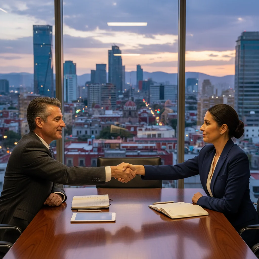 A photorealistic image of two professional adults, a man and a woman in business attire, shaking hands firmly across a modern conference table in a bright Mexican office setting, symbolizing partnership and agreement in founding a business. The background includes subtle Mexican elements like a flag or city skyline view, conveying trust and collaboration without any documents visible. No children are present.