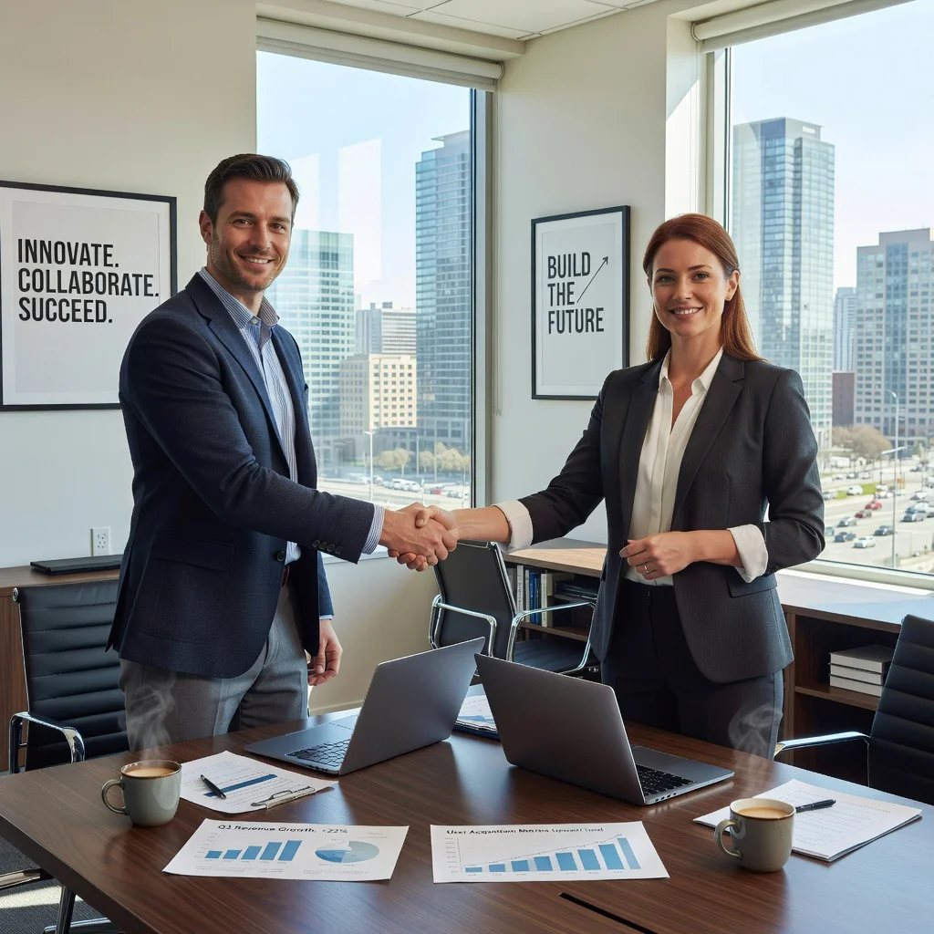 A photorealistic image depicting two adult entrepreneurs in a modern startup office, shaking hands over a conference table with laptops and business charts in the background, symbolizing partnership and foundational agreements in a company.