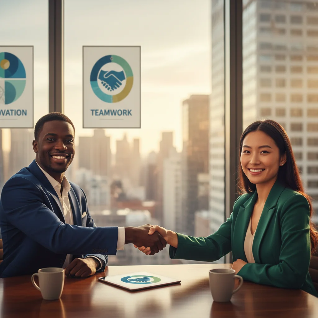 A dynamic illustration of two diverse entrepreneurs shaking hands in a modern startup office, symbolizing partnership and agreement in a business venture, with subtle elements like a whiteboard with business ideas and a city skyline in the background, evoking trust, collaboration, and the foundation of a new company in the United States.