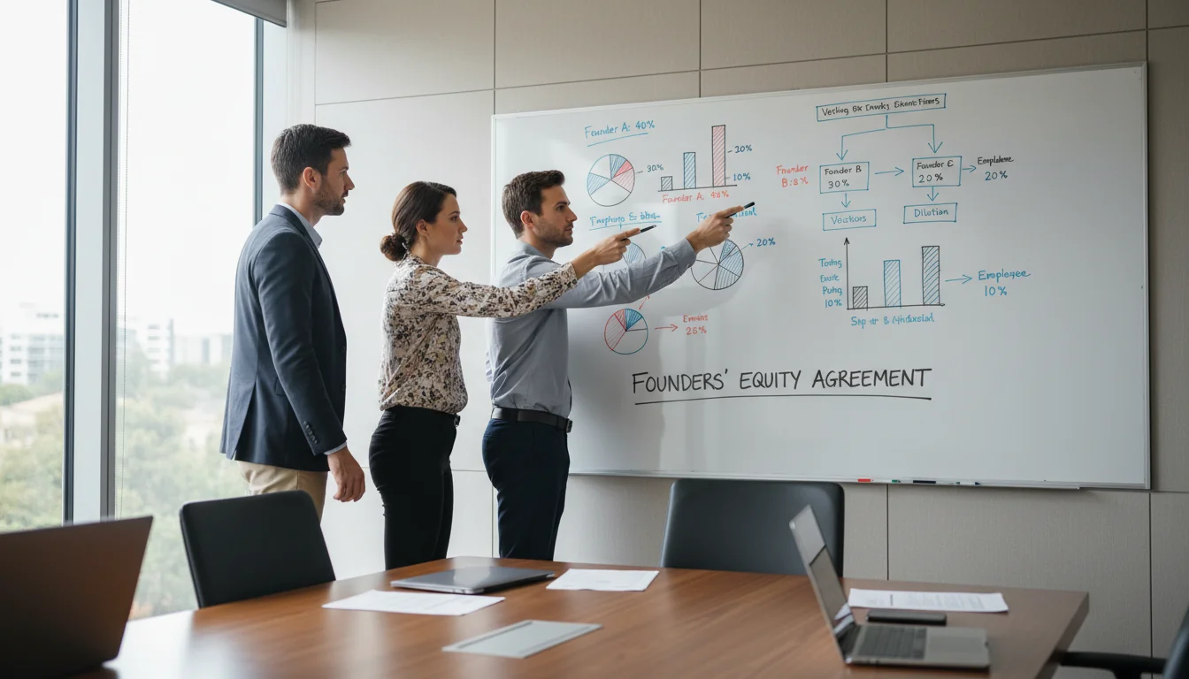 Founders discussing equity shares in meeting