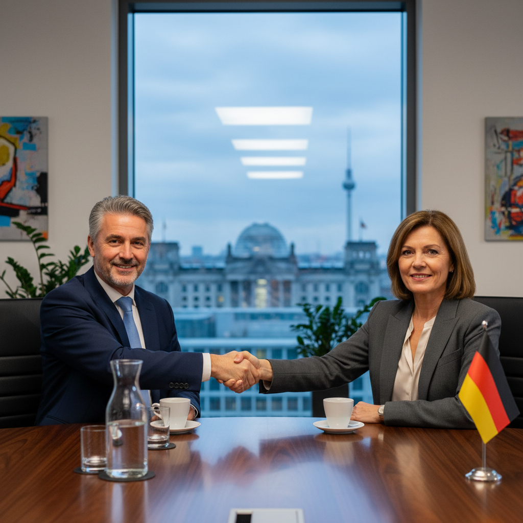 A photorealistic image of two professional adults, a man and a woman in business attire, shaking hands across a polished wooden conference table in a modern German office setting, symbolizing partnership and agreement in a company shareholder contract, with subtle German flags or Berlin skyline in the background, no children, no documents visible.