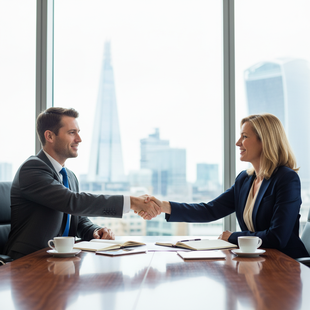 A photorealistic image of two professional adults, a man and a woman in business attire, shaking hands firmly across a modern conference table in a sleek UK office setting with large windows overlooking a cityscape like London, symbolizing partnership and agreement in a startup venture, no legal documents visible, no children present.