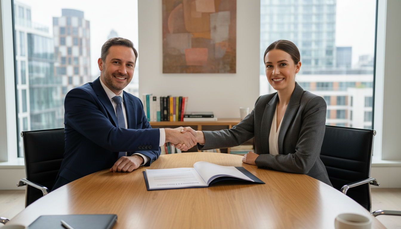 Business professionals reviewing agreement