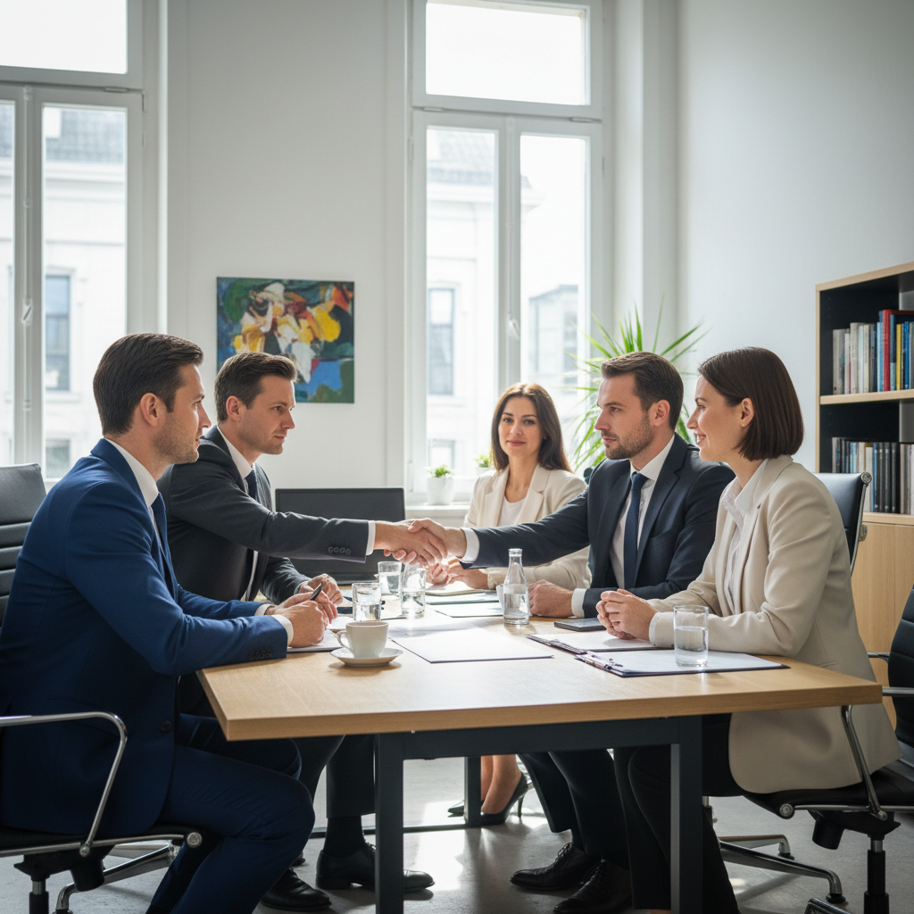 A professional business meeting in a modern German office, with a group of diverse adult entrepreneurs shaking hands over a conference table, symbolizing partnership and agreement in a corporate context, photorealistic style.