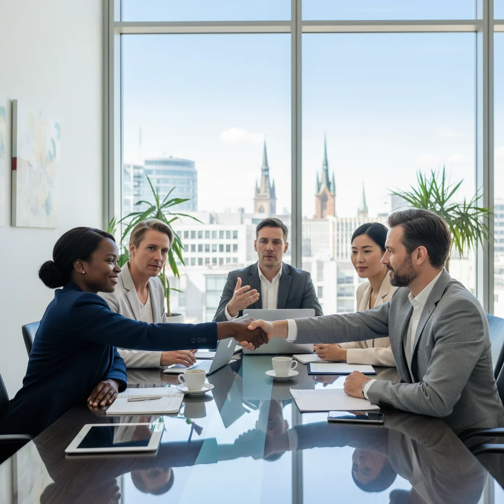 A professional business meeting in a modern German office, with a group of adults shaking hands over a table, symbolizing partnership agreements and collaboration in a corporate setting, evoking trust and legal business relations without showing any documents.