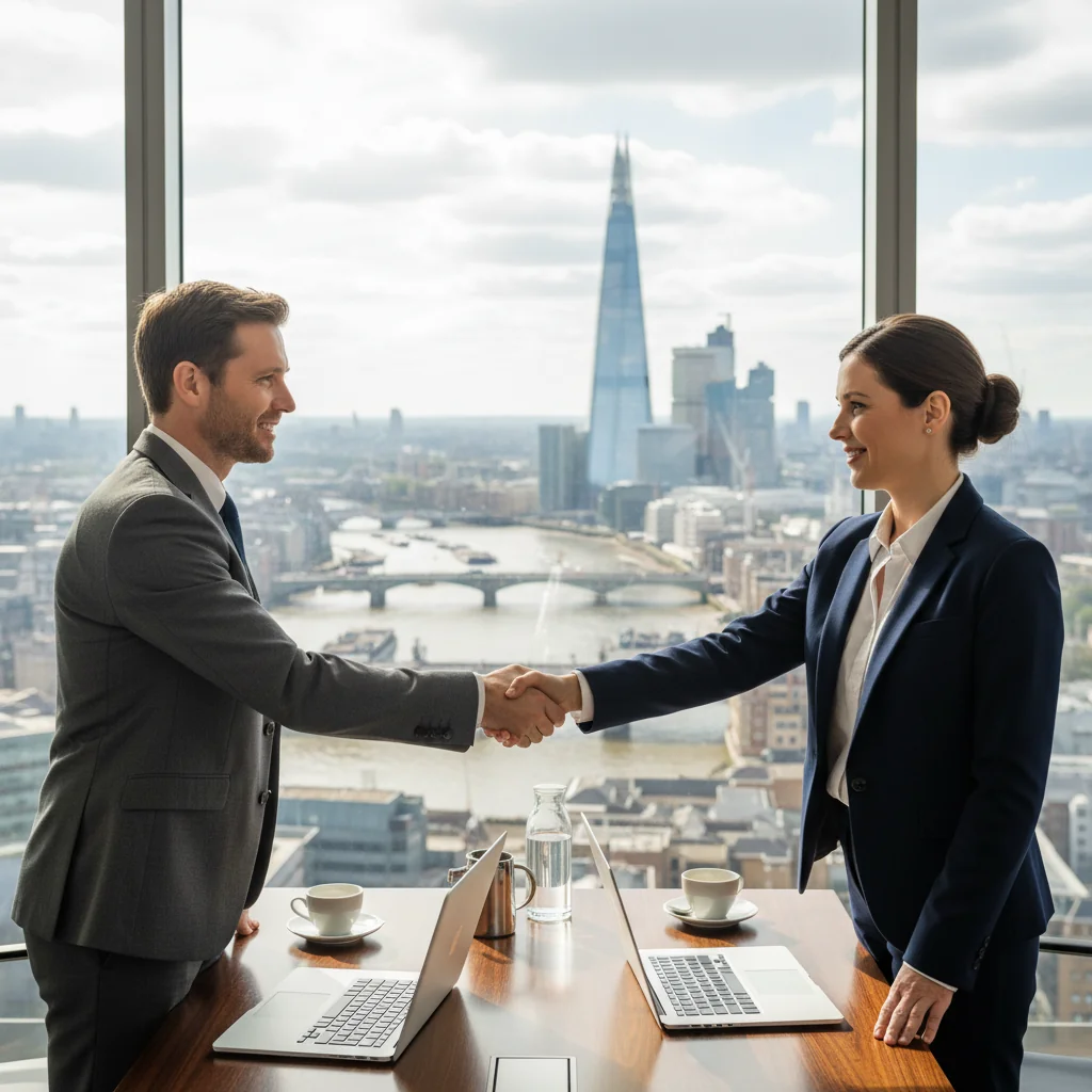 A photorealistic image of two professional adults, a man and a woman in business attire, shaking hands across a modern conference table in a sleek UK office setting with large windows overlooking London skyline, symbolizing partnership and agreement in a startup venture, no legal documents visible, no children present.