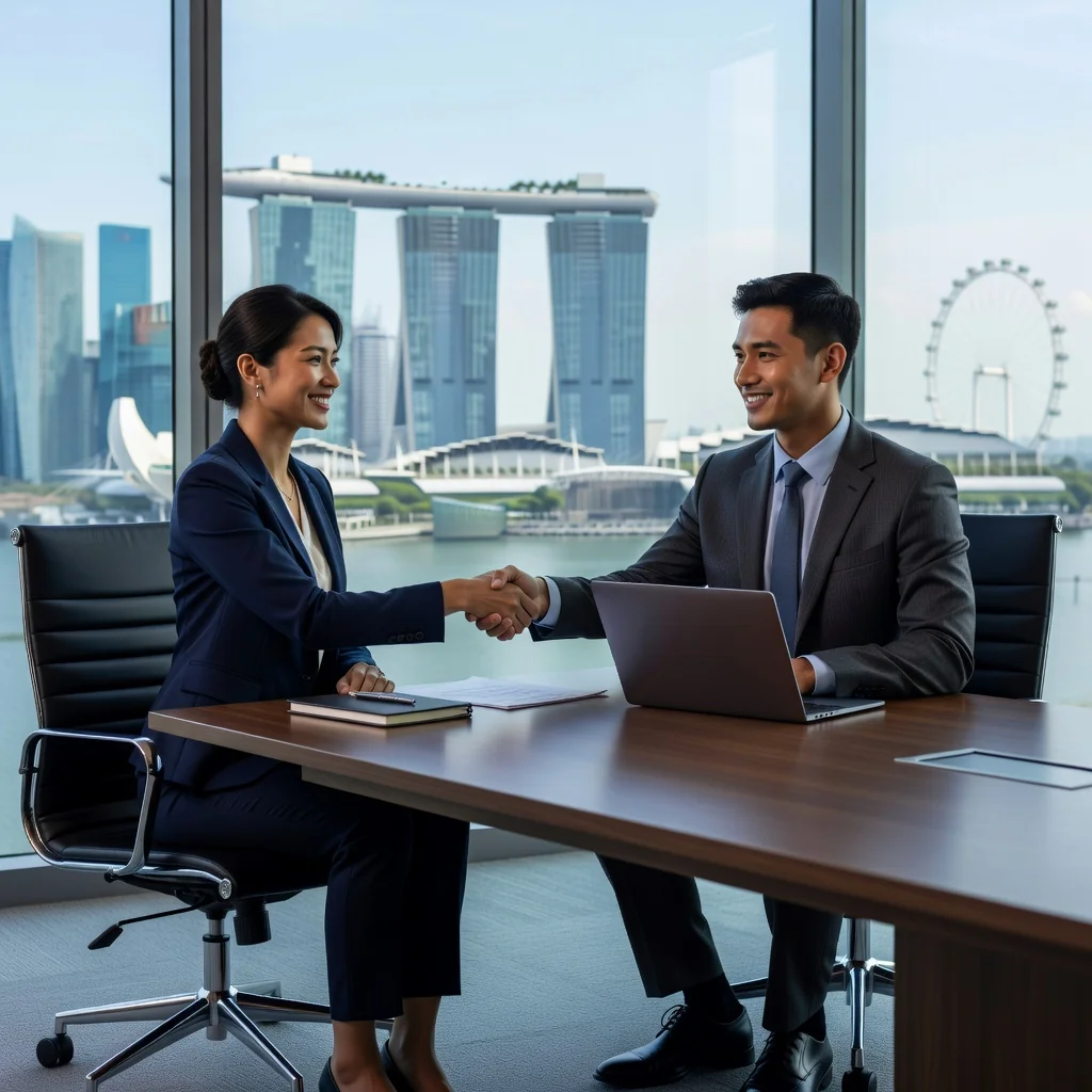 A photorealistic image of two professional adults in a modern Singapore office, shaking hands over a business meeting table with a city skyline view in the background, symbolizing partnership and agreement in starting a business.