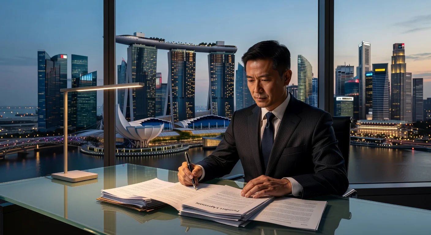 Singapore skyline with legal documents