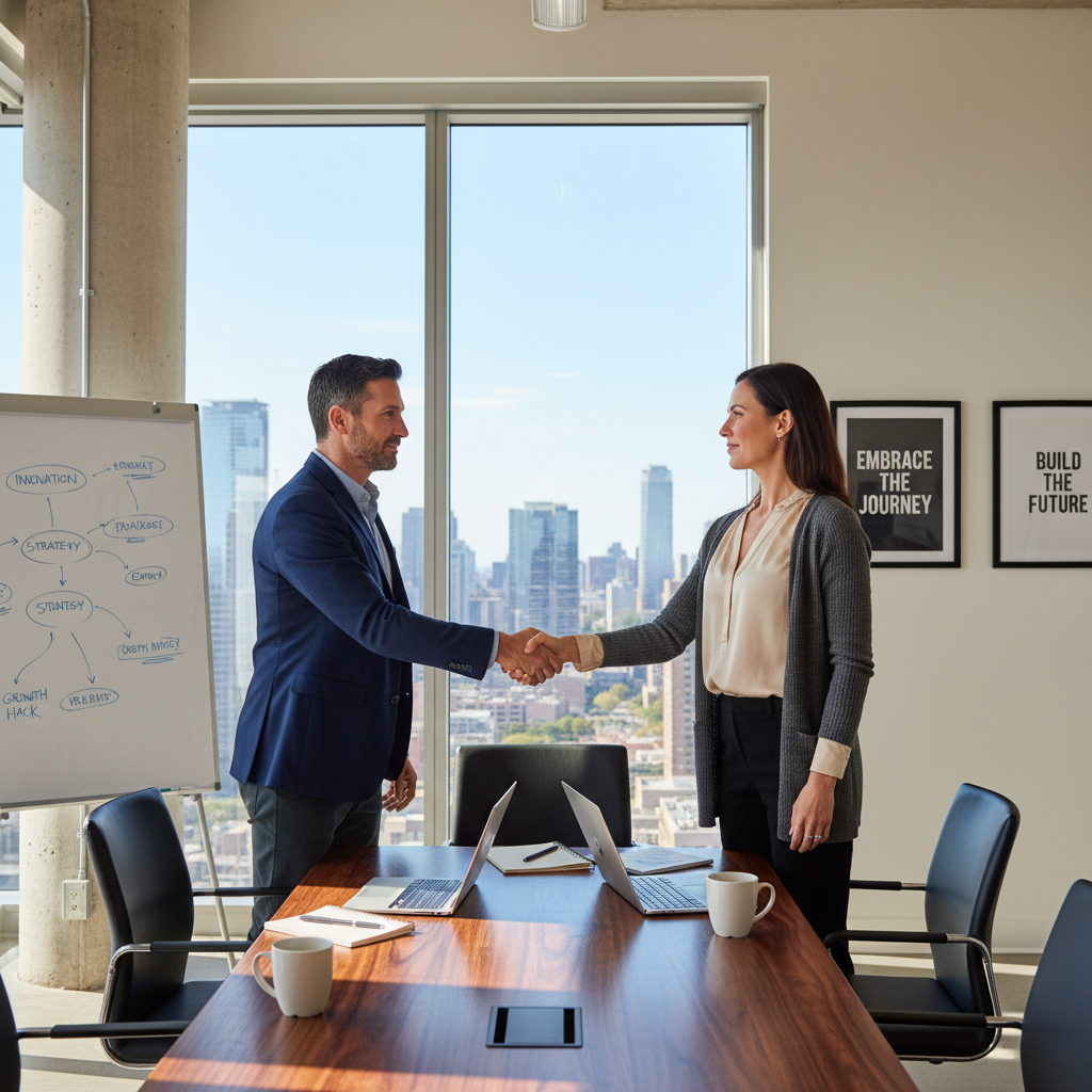 A photorealistic image of two professional adults, a man and a woman in business attire, shaking hands across a modern conference table in a startup office, symbolizing partnership and agreement in founding a business, with subtle background elements like whiteboards with business sketches and laptops, conveying trust and collaboration without focusing on any documents.
