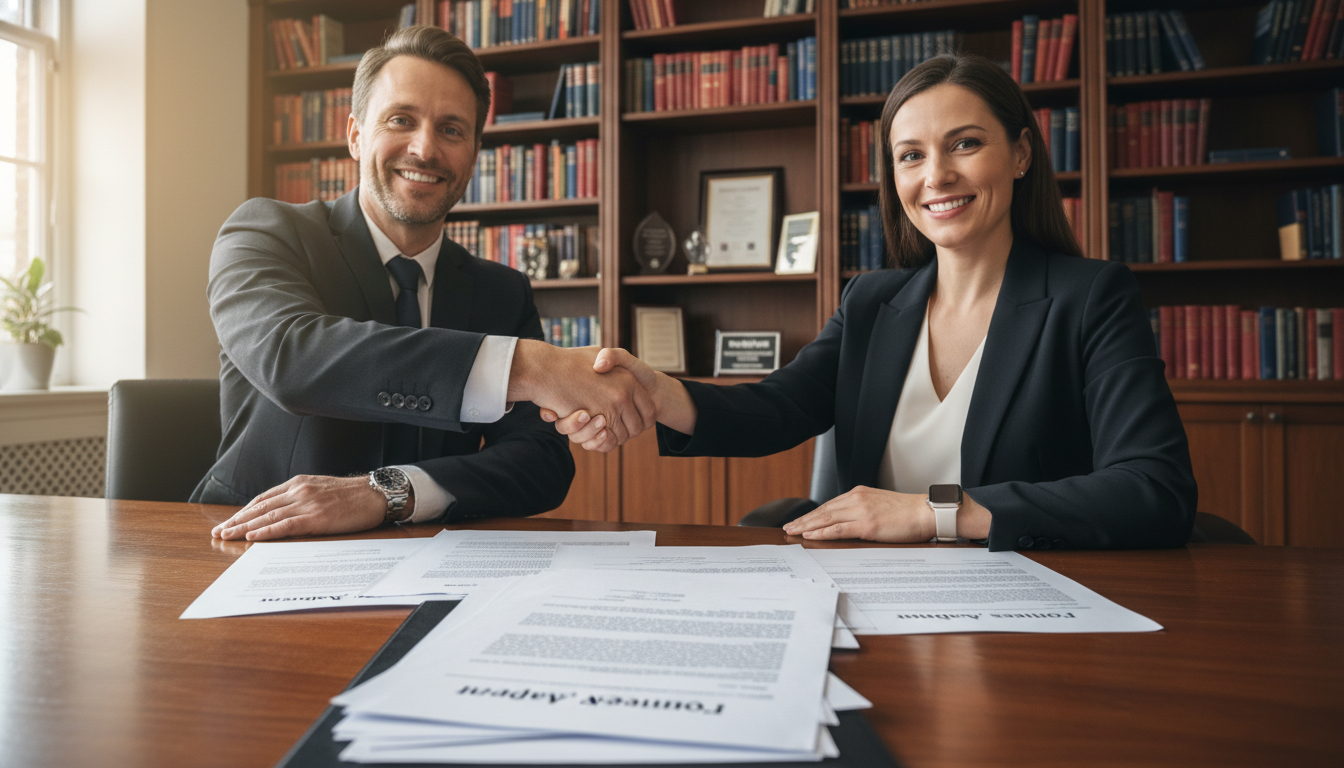 Handshake over legal papers