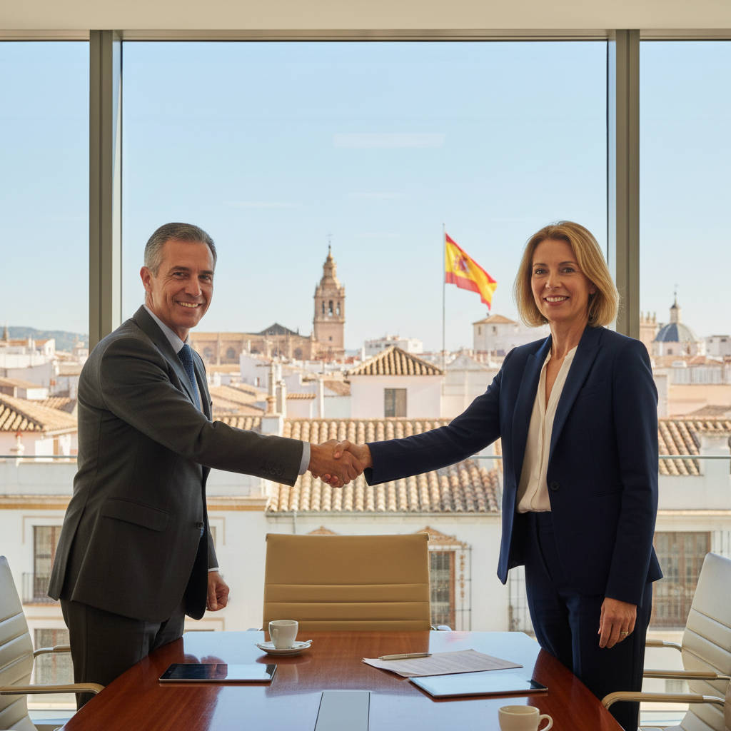 A photorealistic image of two professional adults in a modern Spanish office, shaking hands over a conference table to symbolize a business partnership agreement, with subtle Spanish elements like a flag or architecture in the background, conveying trust and collaboration without showing any documents.