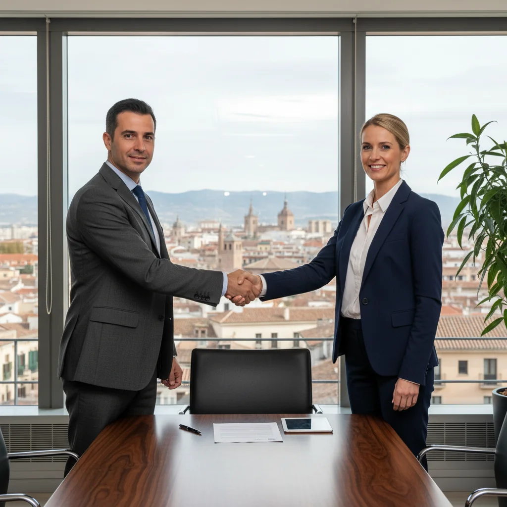 A photorealistic image of two professional adults, a man and a woman in business attire, shaking hands across a modern conference table in a bright Spanish office setting, symbolizing partnership and agreement in a business venture, with subtle Spanish elements like a flag or architecture in the background, no children present.