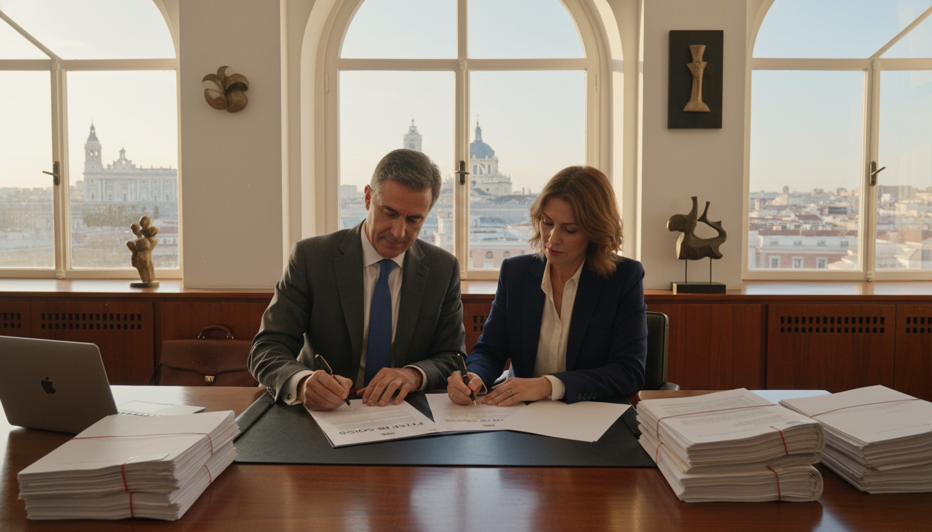 Spanish business partners signing pact agreement