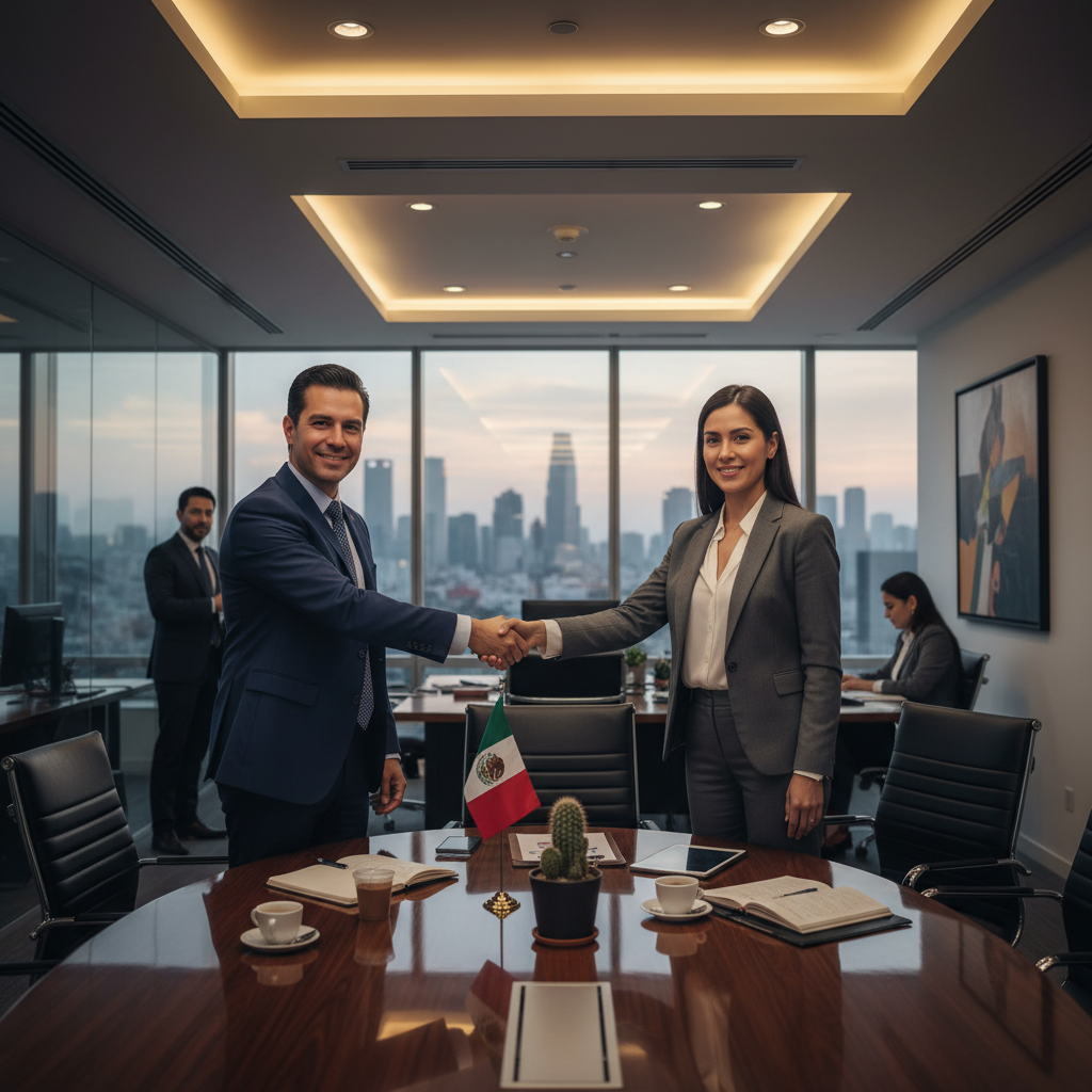 A photorealistic image of two professional business partners in a modern Mexican office, shaking hands over a conference table with subtle Mexican cultural elements like a flag or cactus in the background, symbolizing the agreement and partnership established by a founders' agreement.