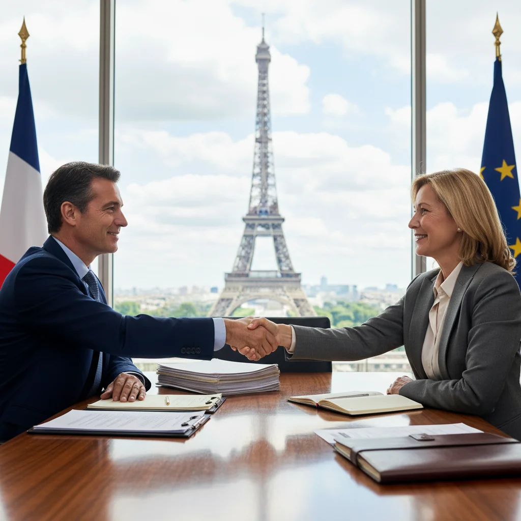 A photorealistic image of two professional adults in a modern French office, shaking hands over a conference table with subtle French flags and business documents in the background, symbolizing partnership and collaboration in business associations.