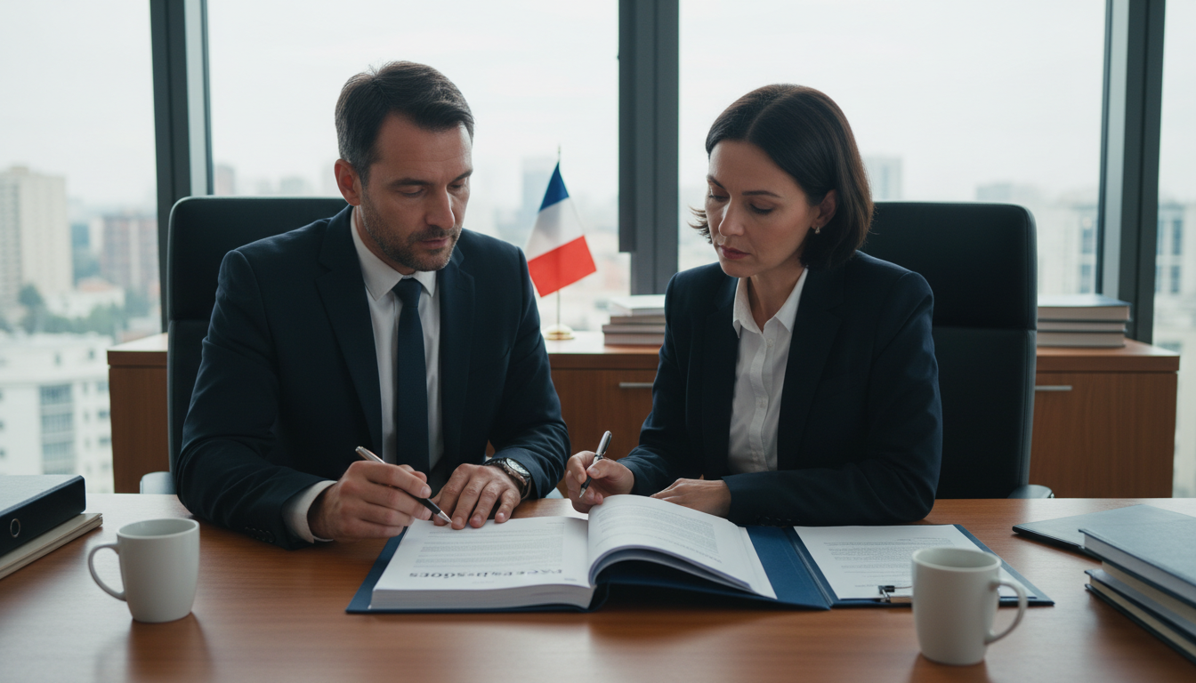 French lawyers reviewing legal pact documents