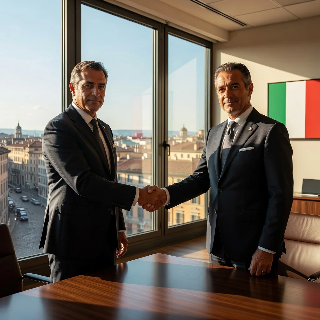 A professional business meeting in a modern Italian office, with adults shaking hands over a table, symbolizing partnership agreements like shareholders' pacts, evoking trust and collaboration in a corporate setting.