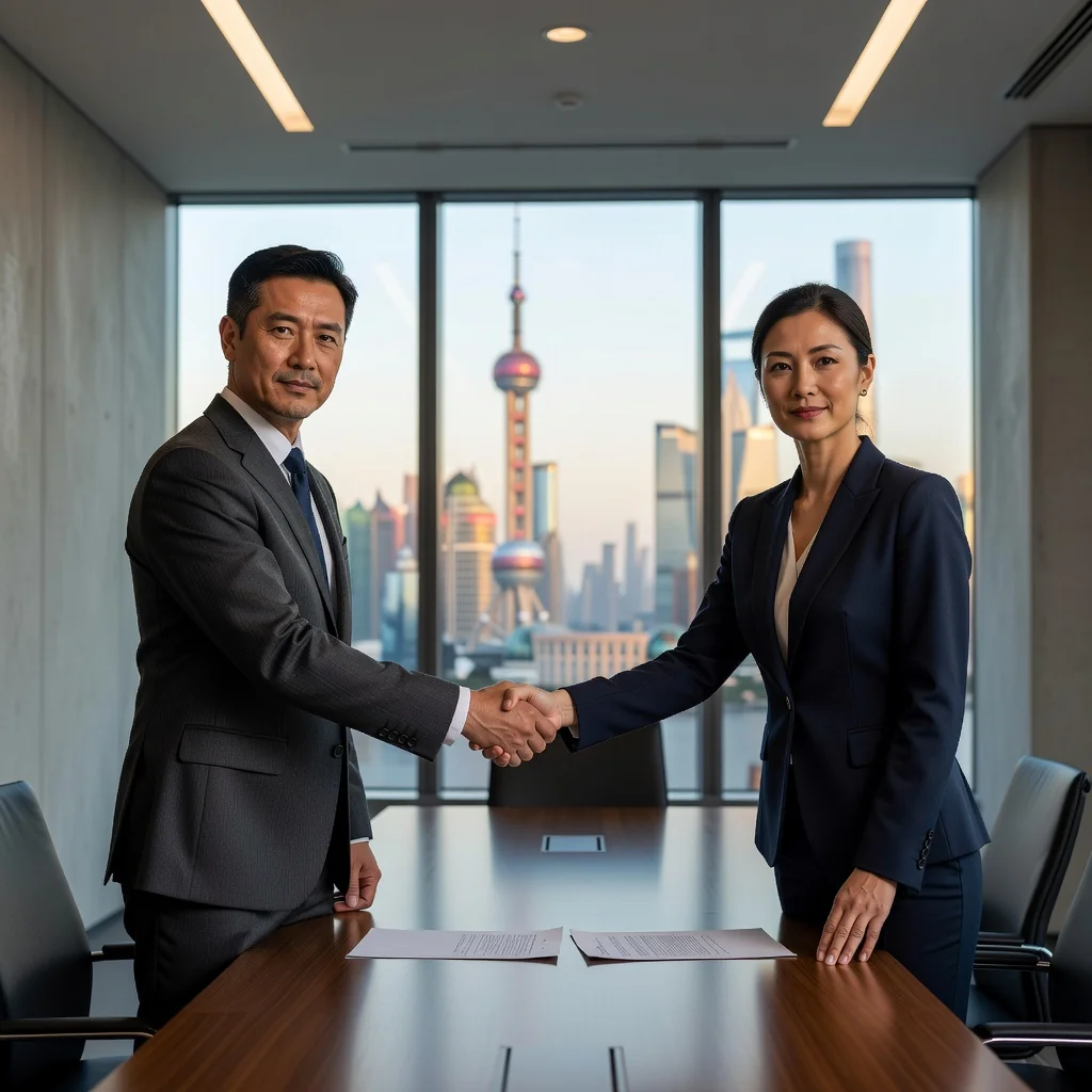 A professional business meeting in a modern Chinese office, where two adult entrepreneurs are shaking hands over a conference table, symbolizing partnership and agreement in a startup context, with subtle Chinese cultural elements like a Beijing skyline view from the window.